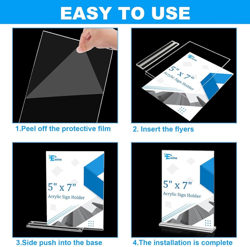 EHWINE 6 Pack Acrylic Sign Holders - 5 x 7, Double-Sided Stand Up Table Top Sign Holders, Clear Acrylic Picture Frame Menu Flyer Paper Display Stand for Office Business Store Wedding Party - Image 5